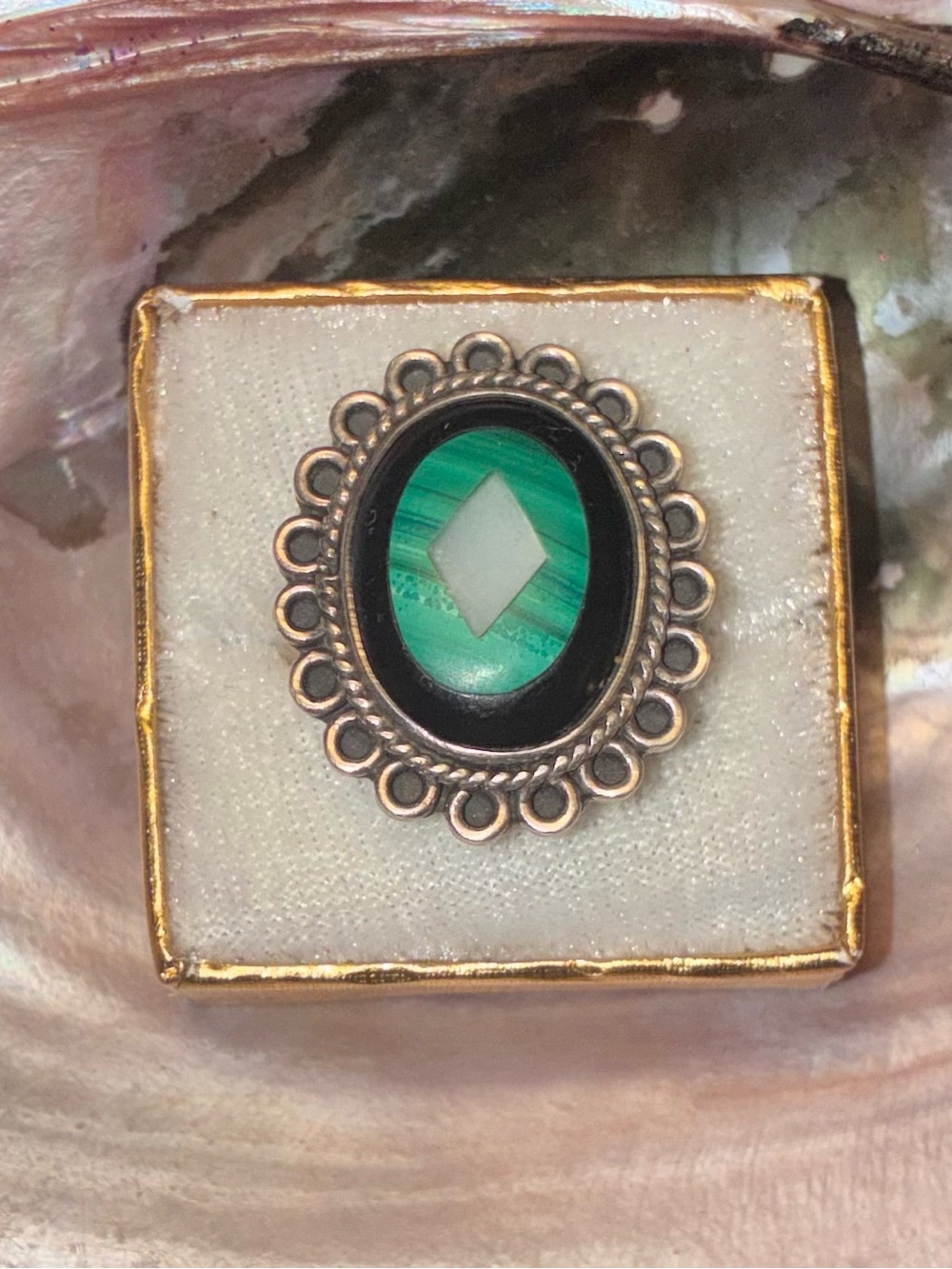 Onyx, Malachite, & Mother of Pearl Vintage Ring in Sterling Silver